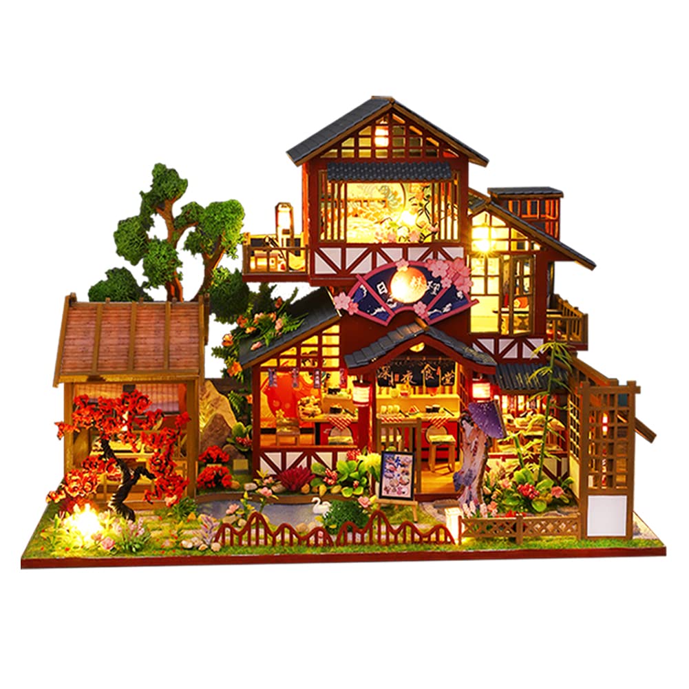 Casa de muñecas de hotel de estilo japonés retro en miniatura, muebles de madera, kit de casa de muñecas con LED, arte creativo para habitación, regalo para niños adolescentes