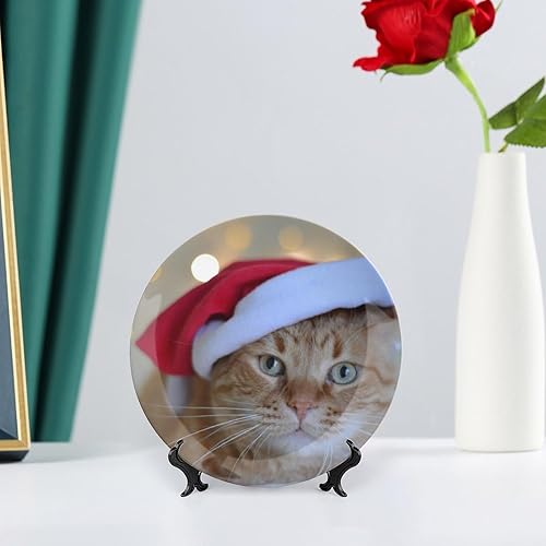Miniatura 6 de Platos decorativos de Navidad para exhibición, lindo gato con sombrero de Navidad rojo, divertidos platos de pared de cerámica de animales, platos