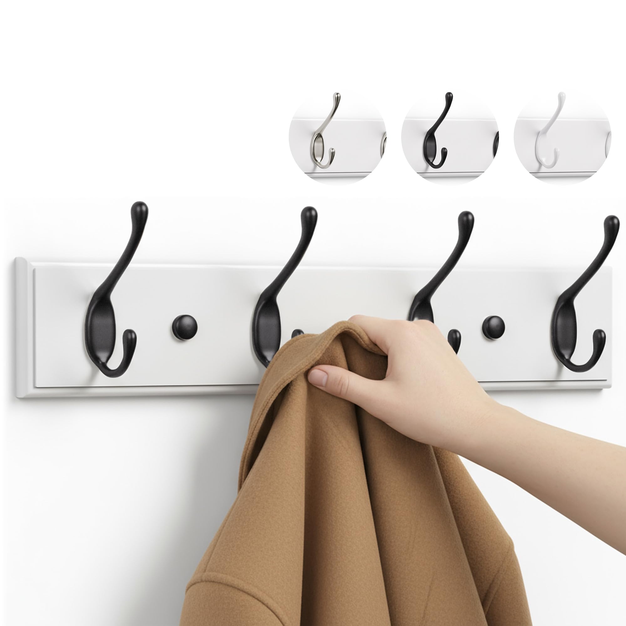 Larhn White & Black White Coat Hooks Wall Mounted Coat Rack - 4 Black Wall Hooks - 42 Cm - All Fixings Included For Quick & Easy Installation