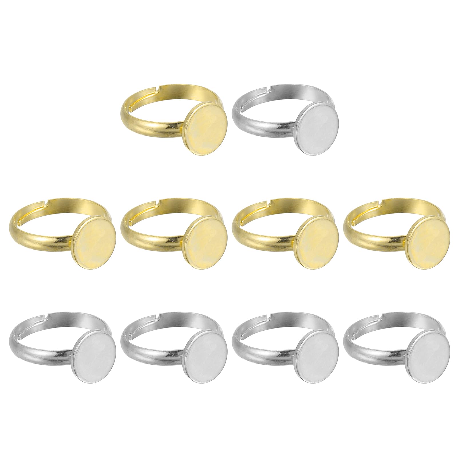 sourcing map 10Pcs Metal Ring Base Blank, 10mm Adjustable Pad Cabochon Ring Blank Base Flat Bezel Tray for Jewelry Making Finding DIY Craft, Silver/Gold