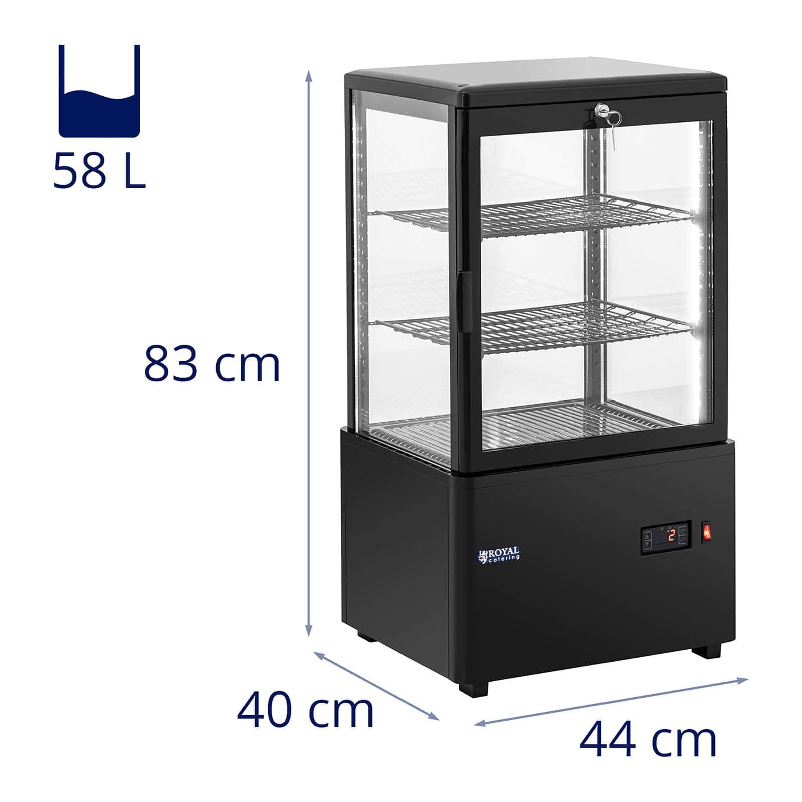 Royal Catering RCCC-58-BT Vitrine Réfrigérée Pâtisserie De Boulangerie Présentoir Réfrigéré (Volume : 58 l, Température : 0-12 °C, 3 niveaux, Éclairage LED, Noir)