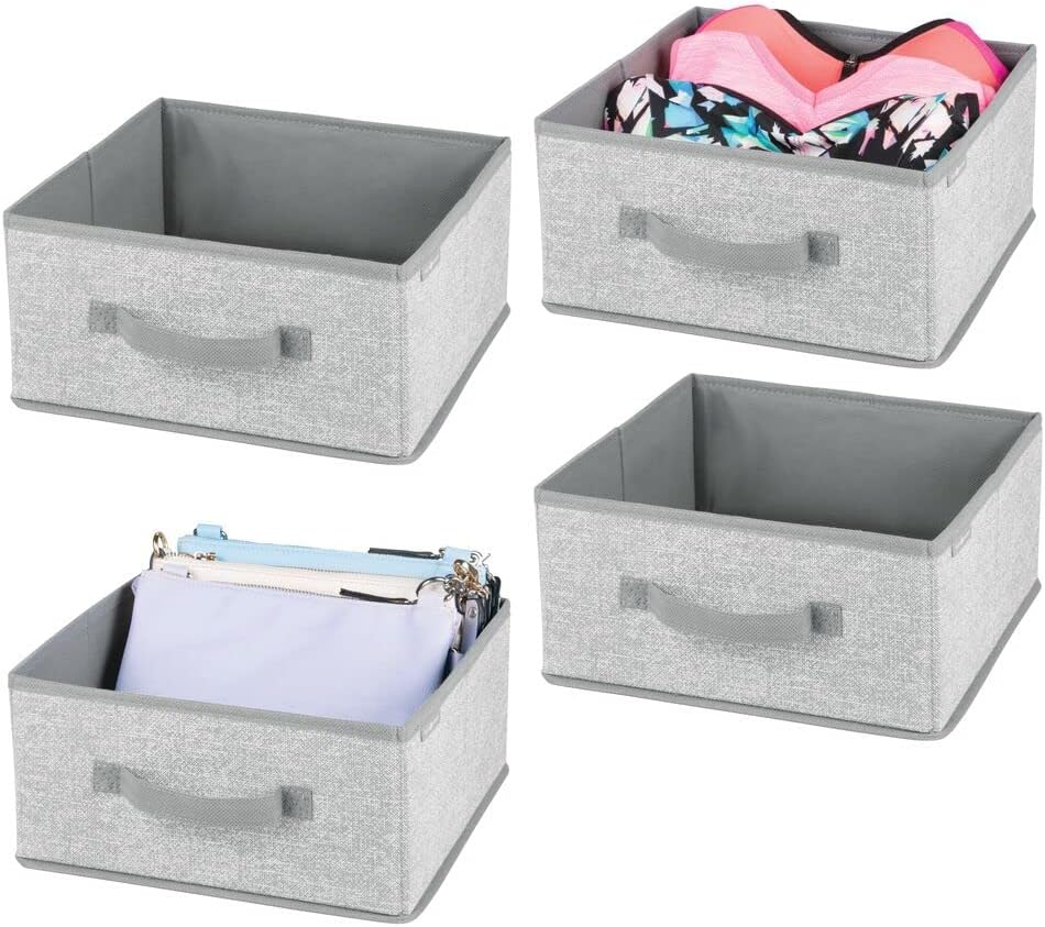 mDesign Soft Fabric Closet Organizer Box with Front Pull Handle for Shelves in Bedroom, Bathroom, Home Office - Holds Clothing, Linens, Accessories - Lido Collection - 4 Pack - Gray