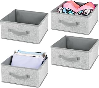 mDesign Soft Fabric Closet Organizer Box with Front Pull Handle for Shelves in Bedroom, Bathroom, Home Office - Holds Clothing, Linens, Accessories - Lido Collection - 4 Pack - Gray
