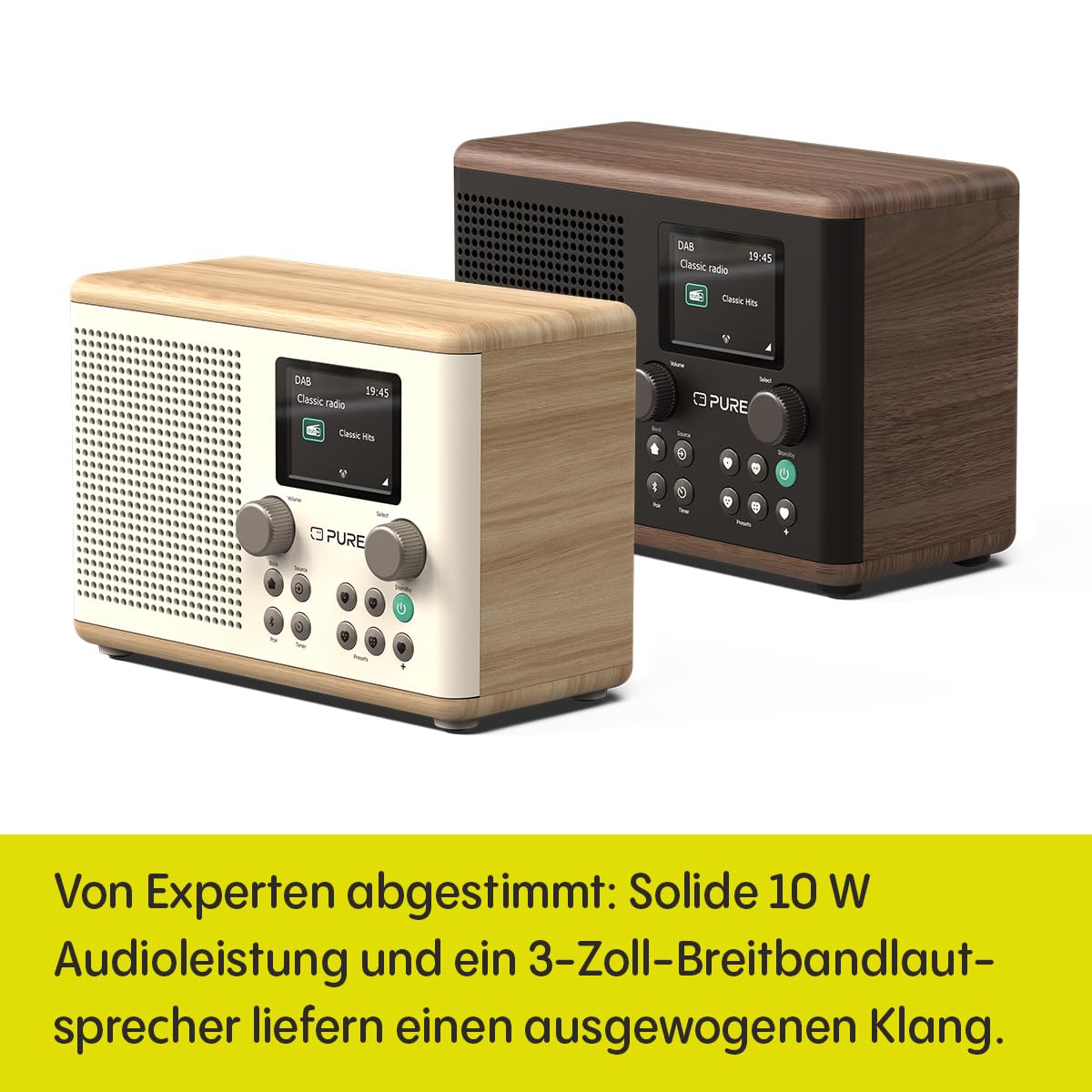 Pure Classic H4 DAB+ Radio – Digitalradio mit Bluetooth 5.3, 10W Lautsprecher, 2.4'' TFT‑Farbdisplay, Küchen‑Timer, Wecker, 80 Sender, AUX‑In, USB, stilvolles Küchenradio Kaffeebraun/Walnuss