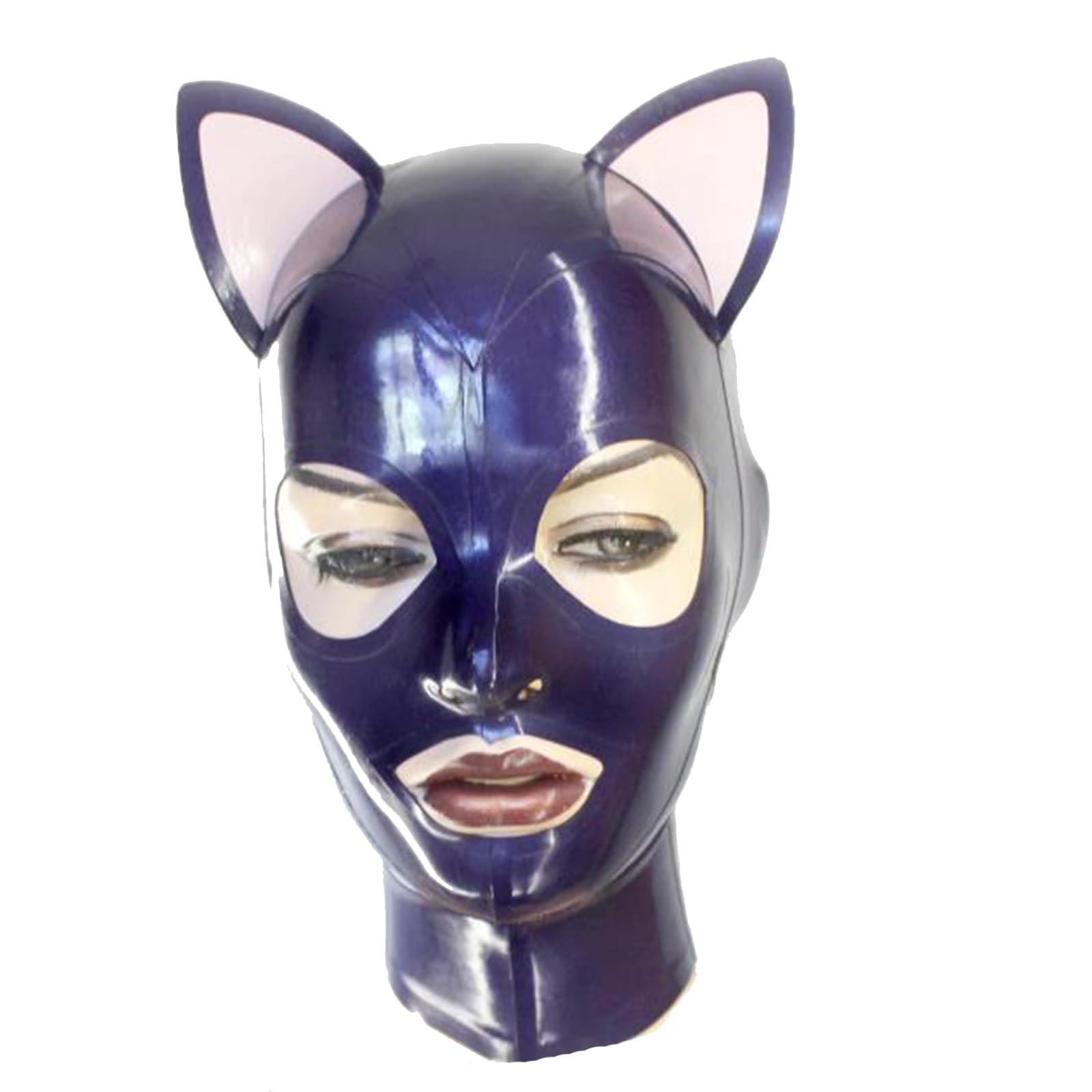 Bondage Latex Maske BDSM Halloween Mask Reißverschluss Hinten mit Ohren Kopfbedeckung für Party Unisex Cosplay Urlaub(Size:XL-70CM)