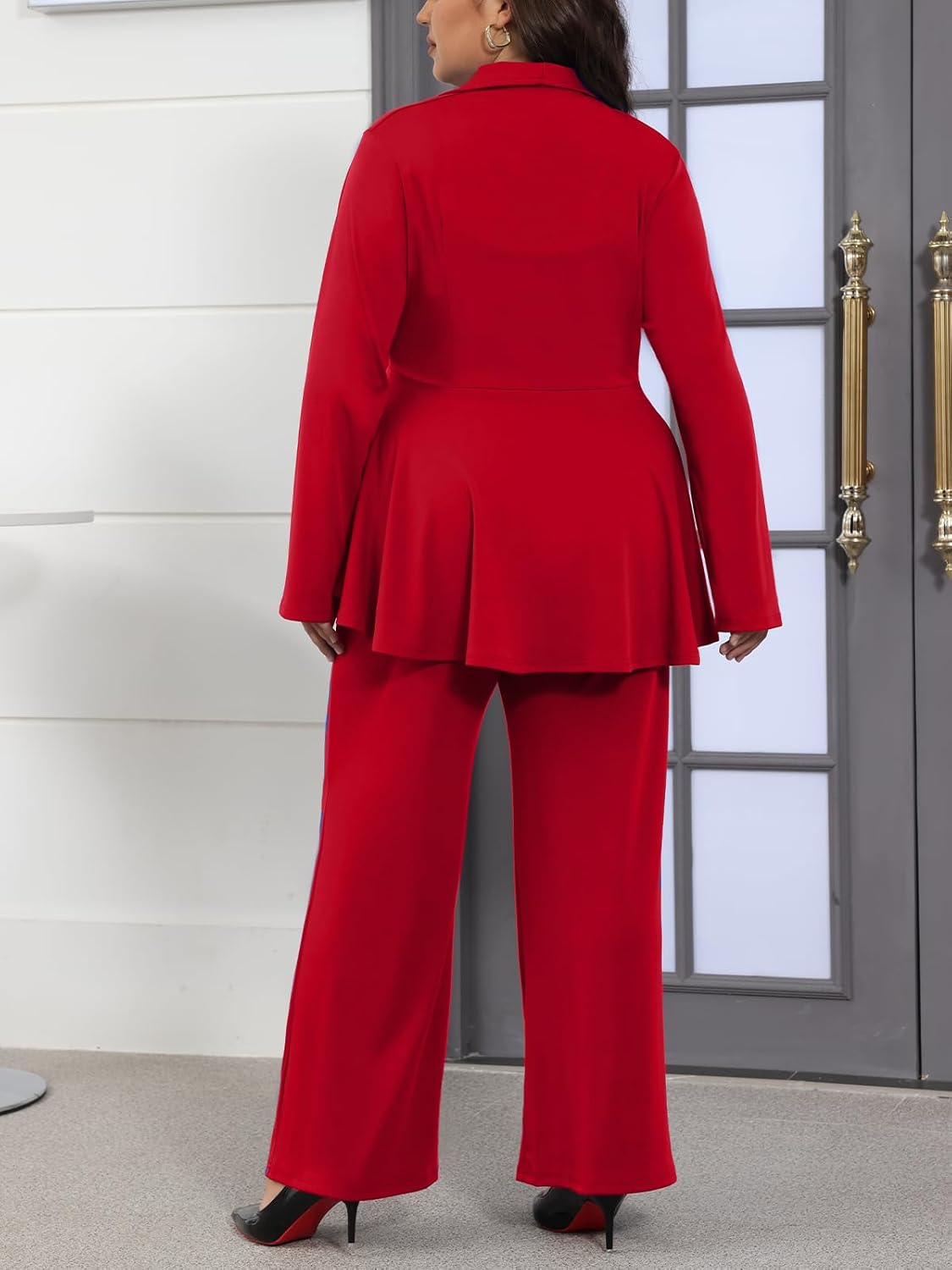 Women's Plus Size Two Piece Sets Long Sleeve Zip Up Peplum Jacket Wide Leg Pant Suits Dressy Business Casual Outfits - Image 5