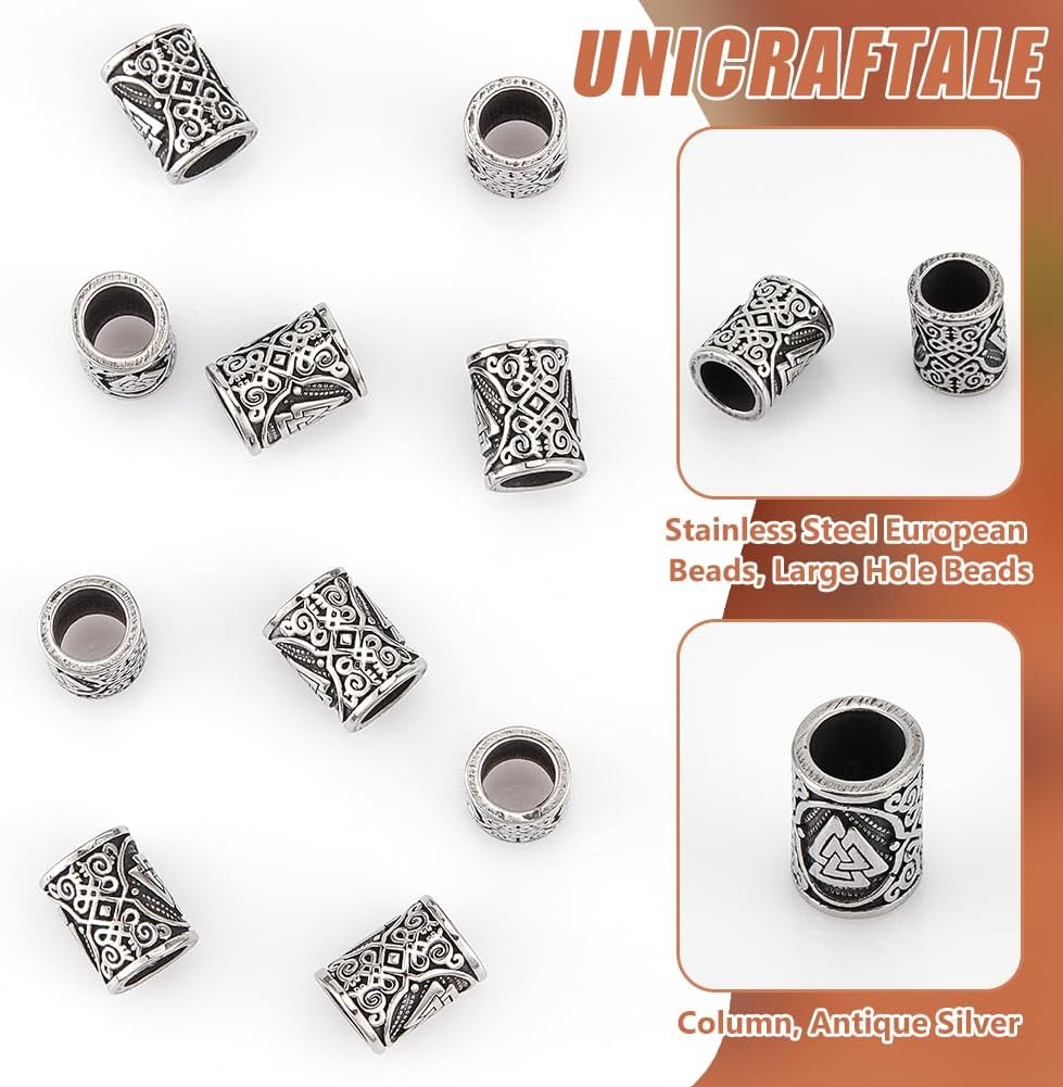 UNICRAFTALE 10Pcs Paracord Bead Stainless Steel Beads Column Beads Metal Lanyard Beads Hole 6mm European Beads Connector Charm Beads with Texture for Knives Pendant Flashlight Bracelet Parachute Beads - Image 3