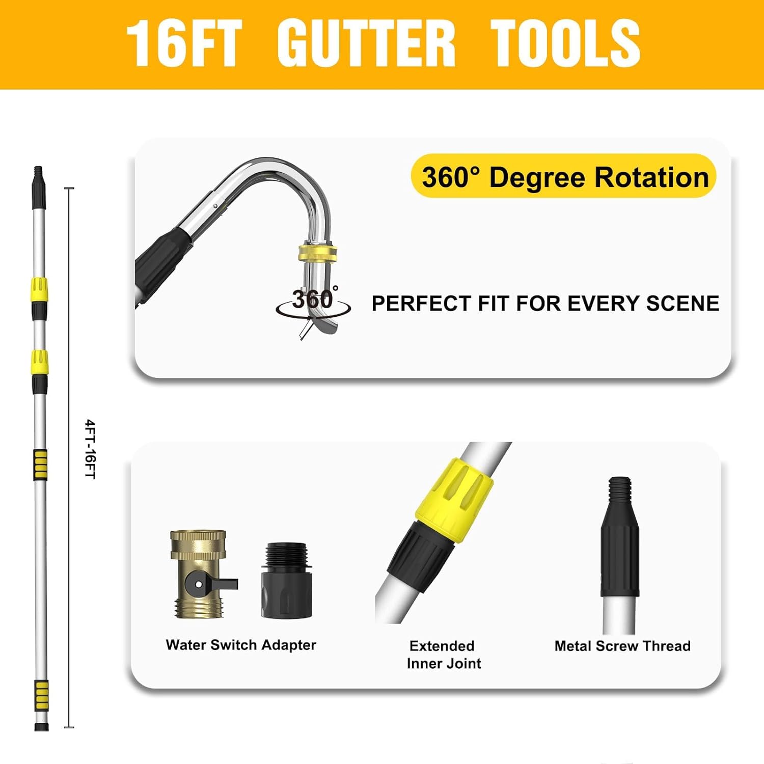 LAANPOLE Gutter Cleaning Tools from The Ground, 24FT Reach Rain Cleaner with Bendable Wand and Quick Connect Adapter