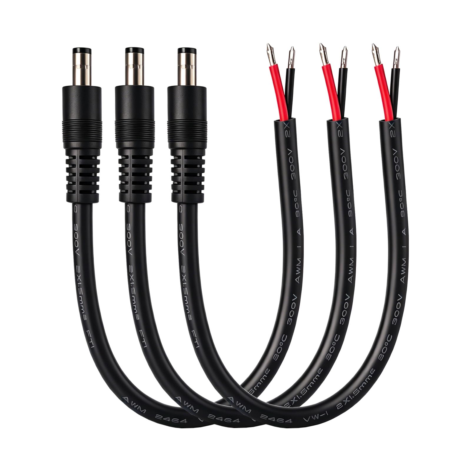 View 1 of 16AWG DC5525 Power Cable, 5.5mm x 2.5mm Male Barrel Plug, 0.8ft, 3-Pack