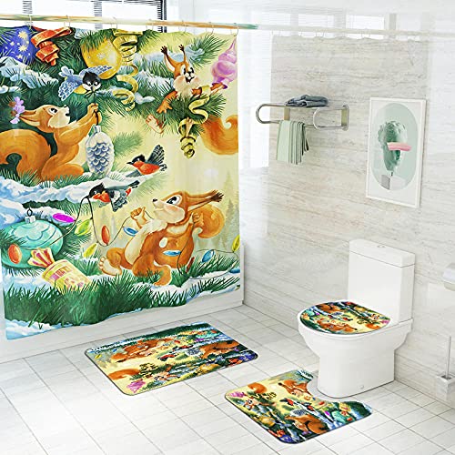 Claean-Acces-Home Badematte Antirutsch Set Vier Sätze Cartoon Eichhörnchen Kaninchen Druck Badvorhang Homewear Bad Tuch…