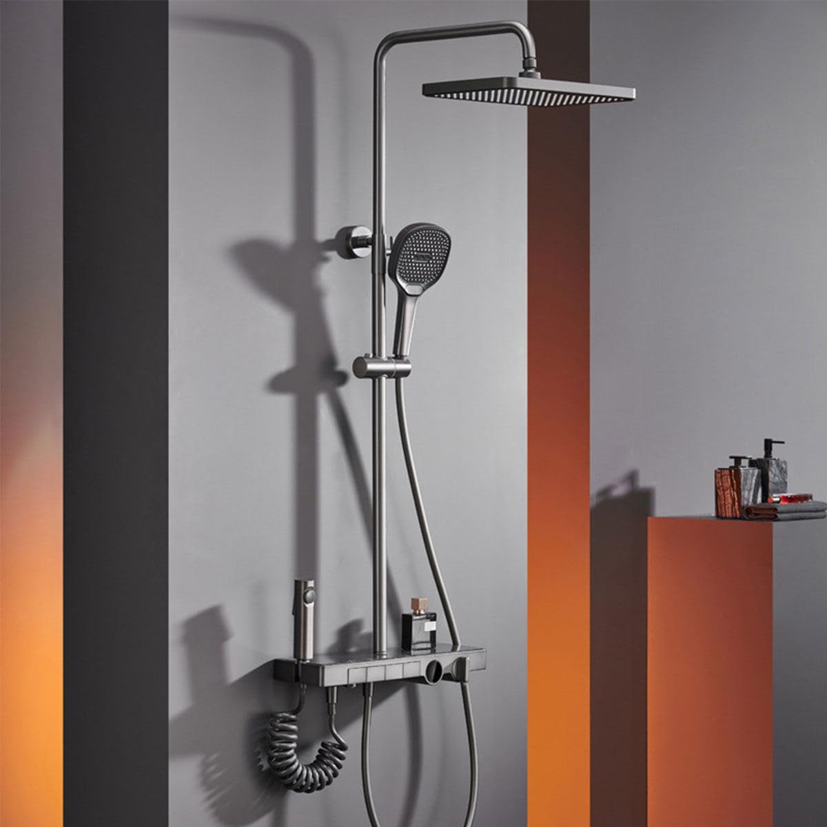 SGeneE Thermostatic Shower Mixer Set, Light Luxury Design, 30x20cm Square Piano Keys Shower System, LED Digital Display, Hydroelectric Power, 3 Modes Hand Shower (White - View #3