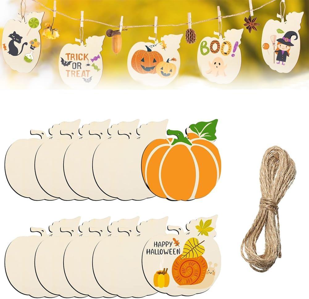 Goodern 20 PCS DIY Wooden Halloween Hanging Ornaments,Unfinished Cutout Tag Blank Wooden Slices with Ropes,Paintable Craft Kits for Christmas Thanksgiving Party DIY Crafts Decoration-Style E