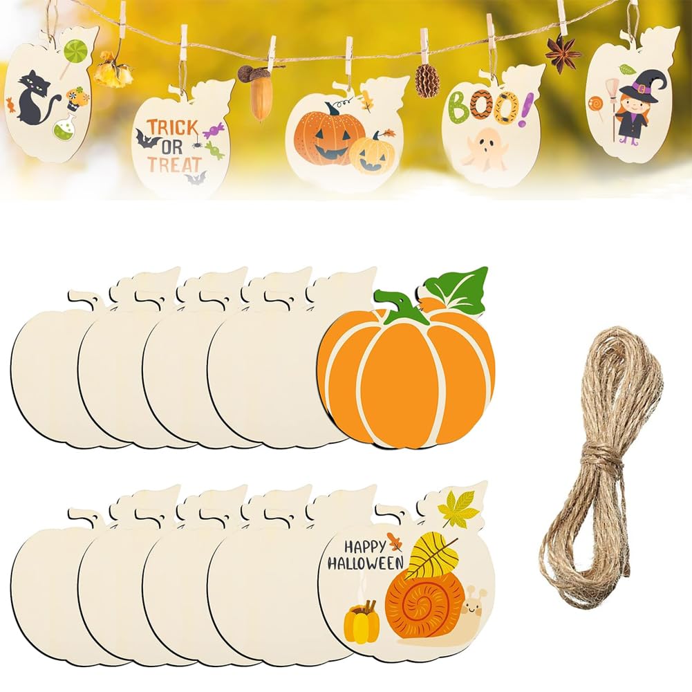Goodern 20 PCS DIY Wooden Halloween Hanging Ornaments,Unfinished Cutout Tag Blank Wooden Slices with Ropes,Paintable Craft Kits for Christmas Thanksgiving Party DIY Crafts Decoration-Style E