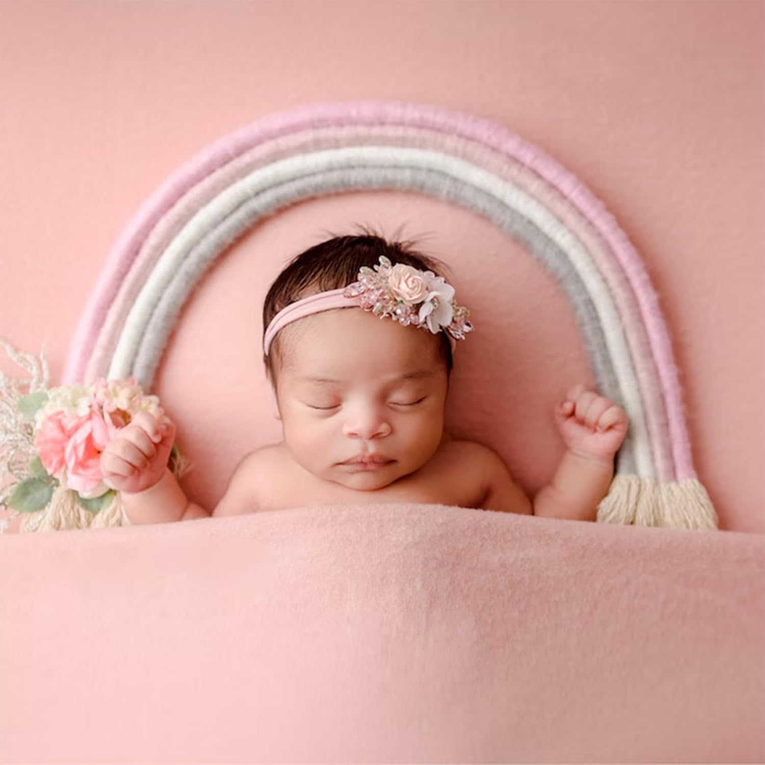 Newborn Photography Props Macrame Rainbow Decor Handmade Rainbows Newborn Photo Prop Rainbow Baby Photoshoot Props Bedroom Wall Decor Playroom Nursery Photo Props Accessories (Pink)
