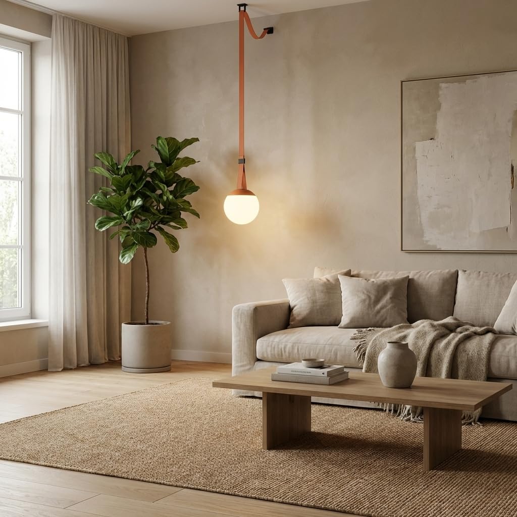 BARCELONA LED Axia 4 Lámpara Colgante LED Bola Opal 12W con Cinta Textil Conductora Color Ladrillo 5m, Gran Lámpara Colgante de Diseño Artístico y, Sistema Iluminación Configurable 2700K