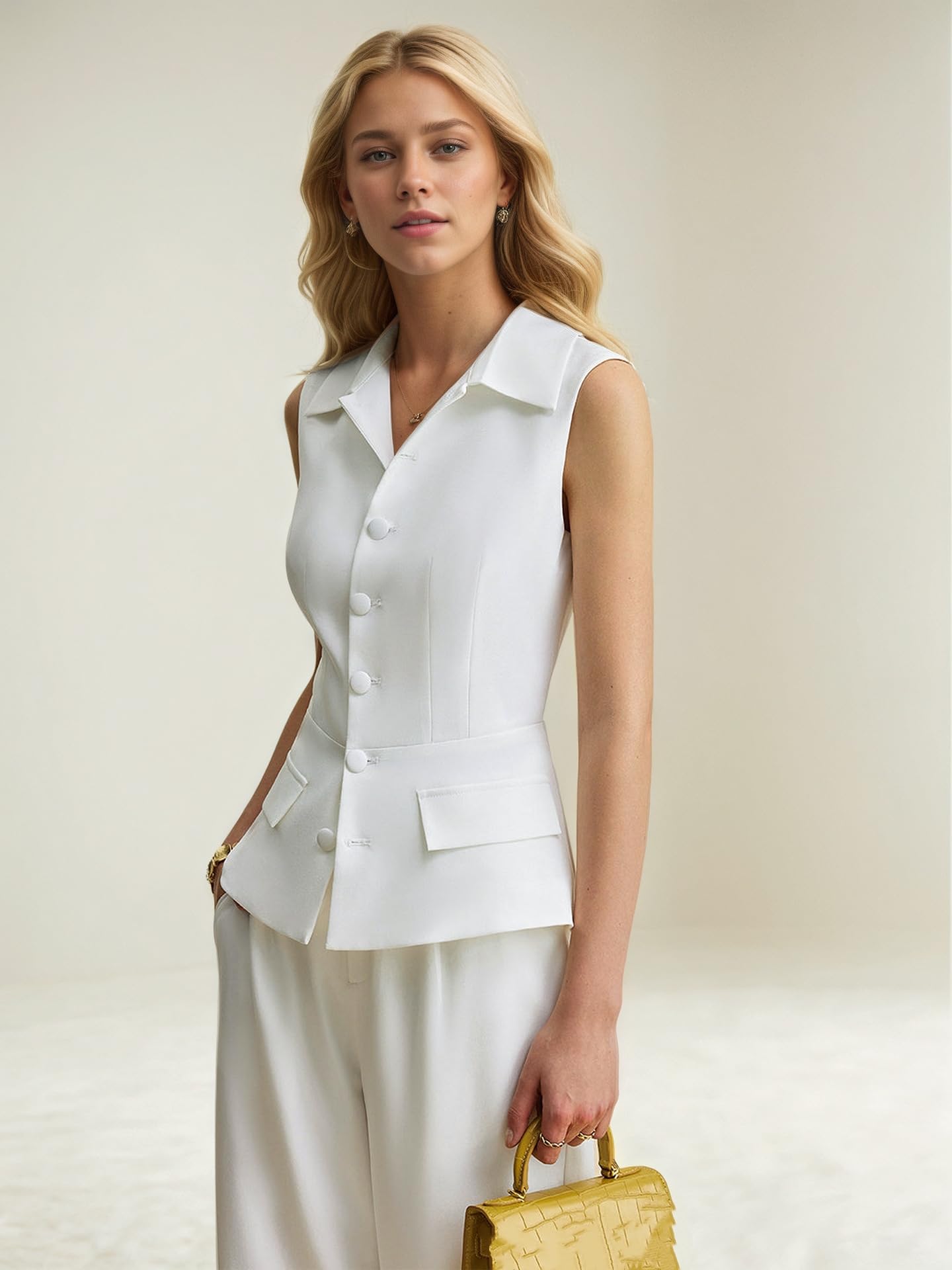 Conjunto De Traje De Oficina De 2 Piezas para Mujer, Blazer Formal, Chaleco Y Pantalones, Túnica Blanca Con Solapa Y Botones, Camiseta Sin Mangas, Pantalones De Pierna Ancha, Conjuntos De