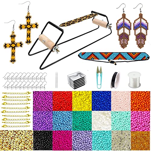 SHUANGART Frame Beading Loom Kit for Beaded Bracelets Earrings Belts Making, Includes 17250 3mm Seed Beads,150 Meter Crystal Elastic Cord, Beading Trays, Needles and Instruction for DIY Craft Jewelry