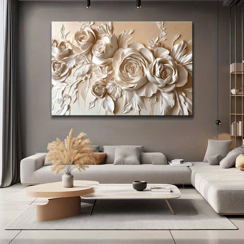 VCBNUGH Decorazione murale floreale, stampa su tela con rose beige, poster su tela, decorazione per camera da letto/soggiorno (60x90 cm/con cornice)