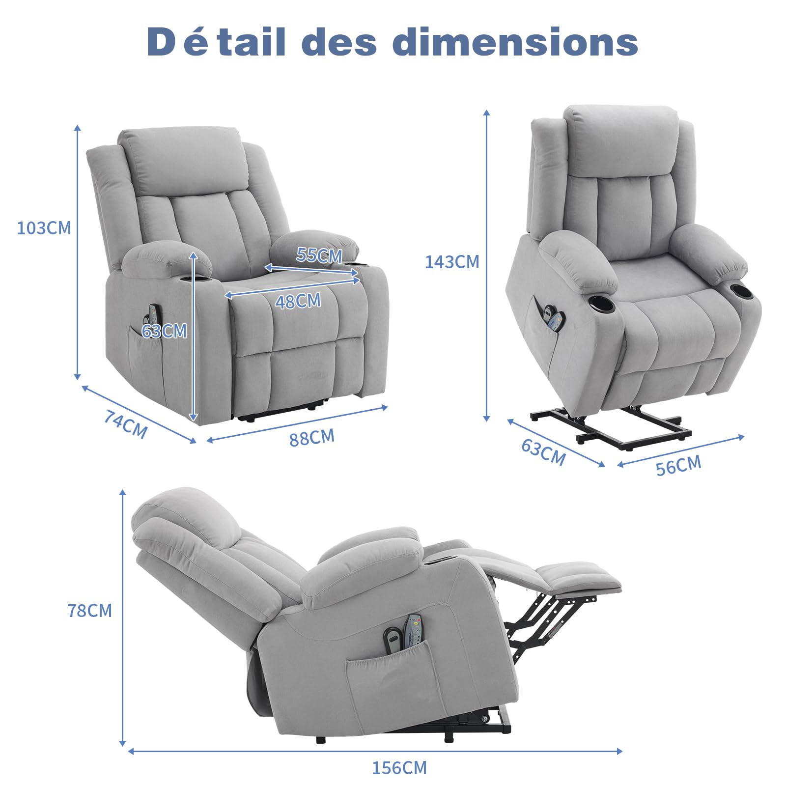 LEADZM - Silla elevadora eléctrica, silla de relax eléctrica, con función de masaje y calor, inclinación ajustable, sillón relajante con reposapiés, mandos a distancia