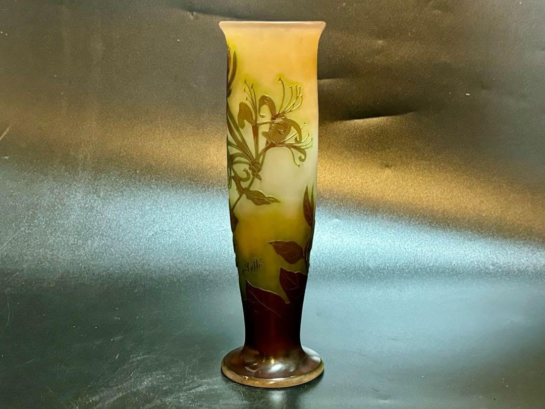 Amazon.co.jp: 26.5cm エミール ガレ 植物紋花瓶 フランス 被せガラス 