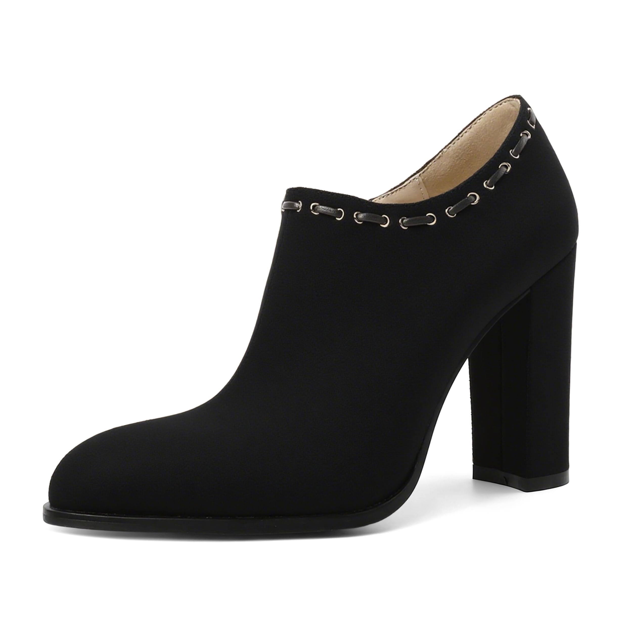 Esvowido Womens Block Heel Ankle Booties Side Zipper Suede High Chunky Heel Boots