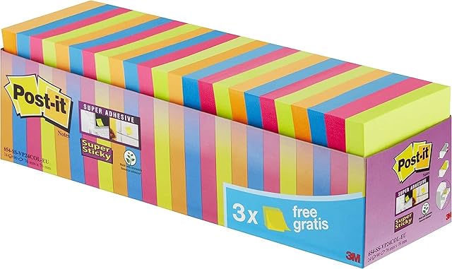 Post It 712520 Zestaw Bardzo Lepkich Karteczek, 76 x 76 mm, Wielokolorowe, Opakowanie 24 Sztuk (90 Sztuk Na Arkusz)