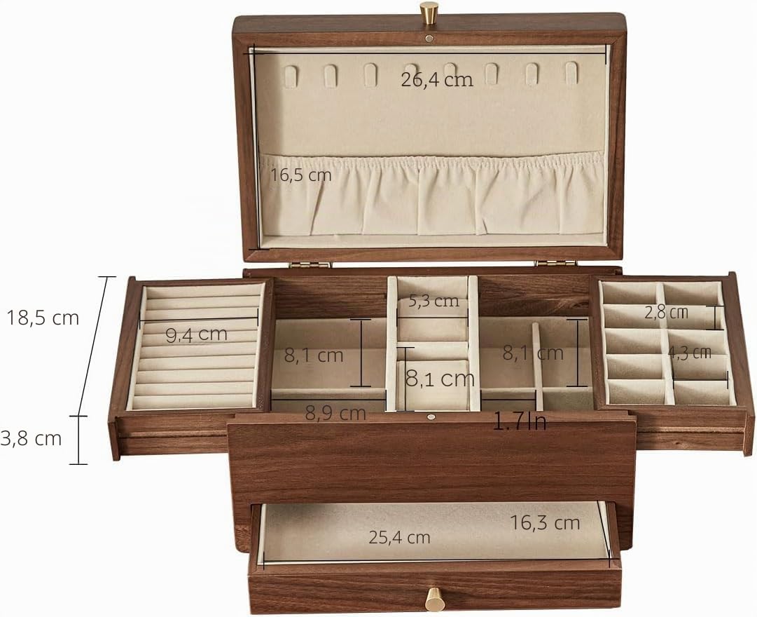 Joyero de madera para mujer, caja organizadora multifuncional de 3 niveles, para relojes, collares, anillos y aretes, Regalo para Ella (nogal negro) | Organizador de joyas de madera grande, cajones multifuncionales, reloj, collar, anillo, almacenamiento d