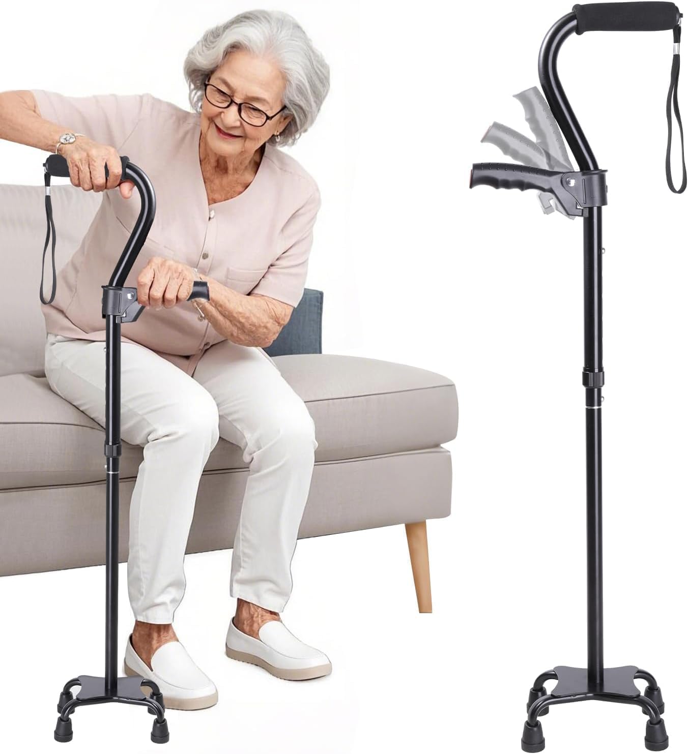 Bastone regolabile con manico ergonomico e base a 4 rebbi per stabilità, bastone da passeggio per anziani, uomini e donne, aiuta a stare in piedi e camminare (nero)