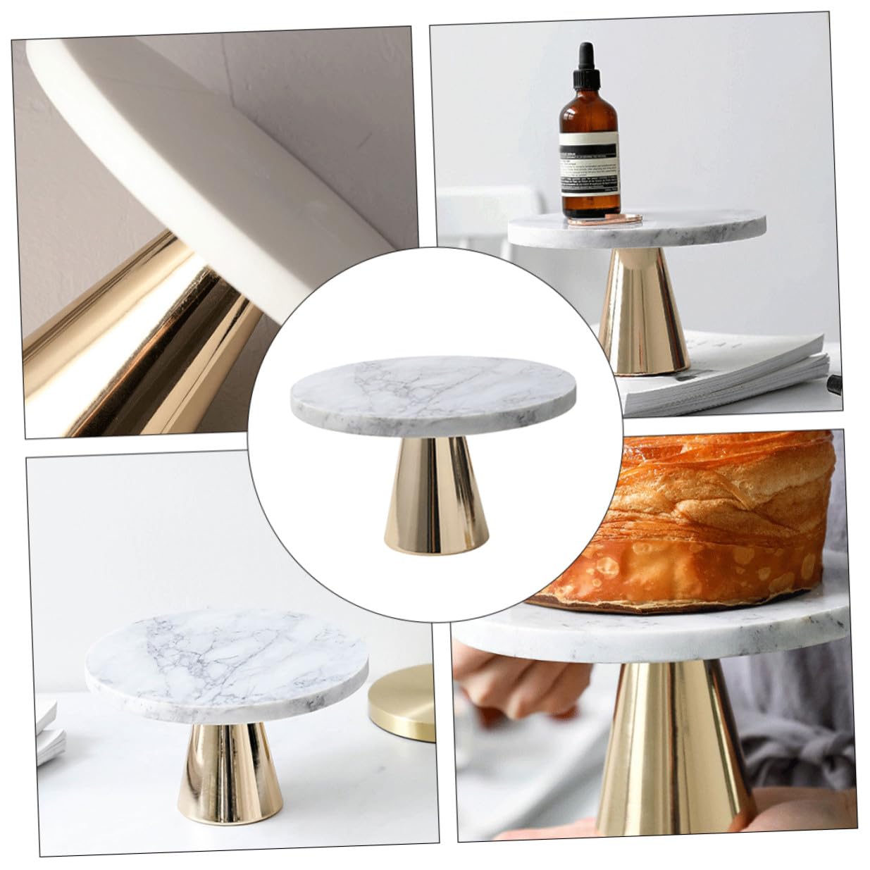 Abaodam Plateau en Marbre pour Pâtisserie et Présentation de Gâteaux, Plaque de Stockage Élégante en Marbre et Métal, Design pour Accessoires Pâtisserie et Dessert
