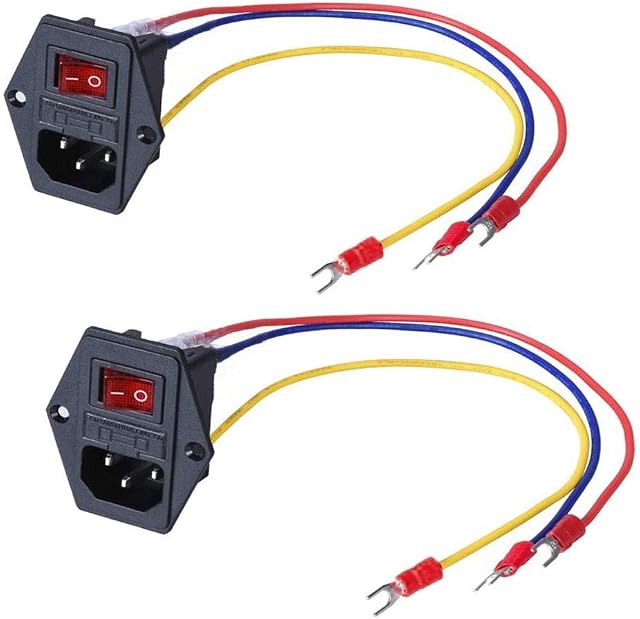 3Dman 15A 250V Rocker Switch Power Socket Inlet Module Plug 5A Fuse Switch with 3PCS 18 AWG Wiring 3 Pin IEC320 C14-2 PCS