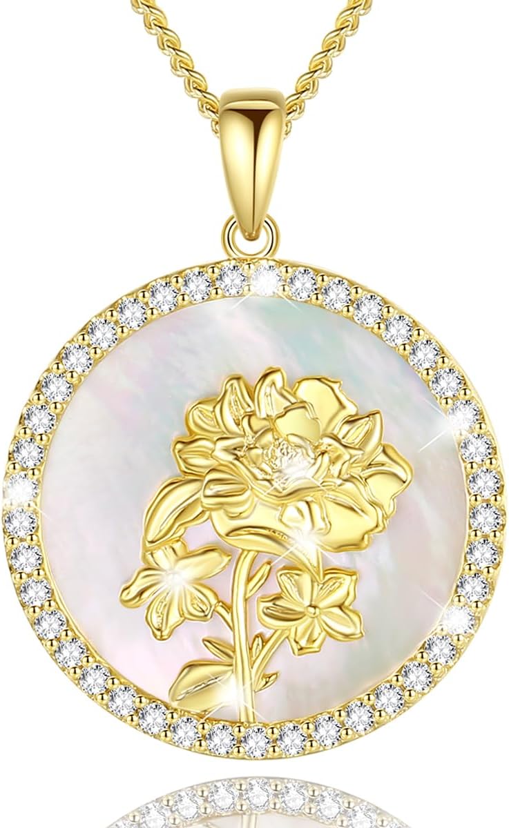 AGVANA Sterling Silver Birth Flower Necklace for Women Genuine Mother of Pearl CZ Round Disc Pendant Necklace Fine Jewelry Anniversary Birthday Gifts for Women Wife Mom Her