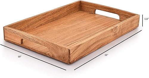 Miniatura 5 de Samhita Bandeja de madera de acacia con asas, bandeja de madera, bandeja de aperitivos, bandeja de desayuno, ideal para desayuno, mesas de café,