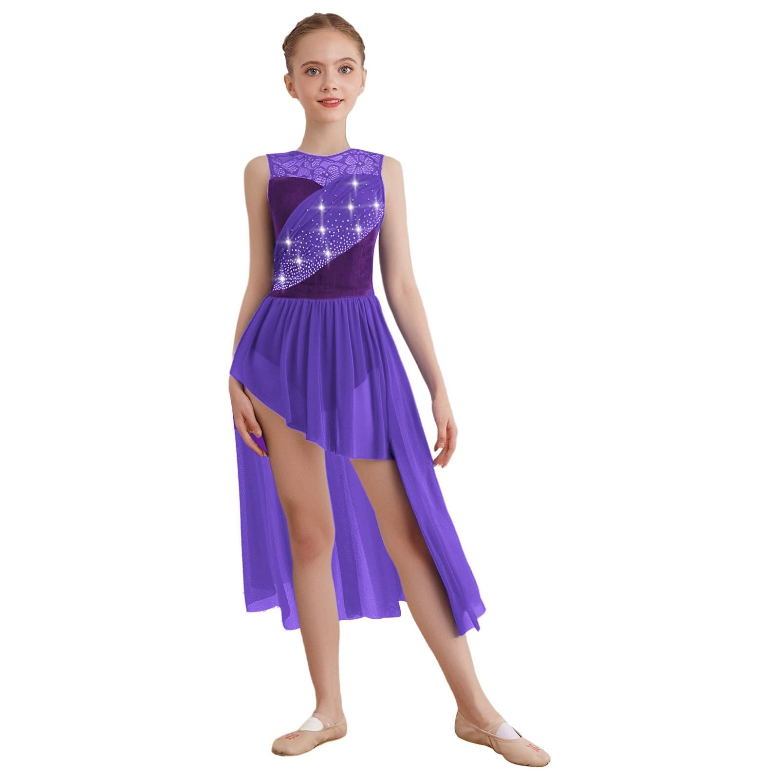 Kostüme für Lyrischen Tanz Gymnastik-Akrobatik-Ballett-Trikot, lyrisches Tanzkostüm, Spitze, gerüschtes Netz-Overlay, glitzernde Strass-Trikots, Kleid for Kinder und Mädchen