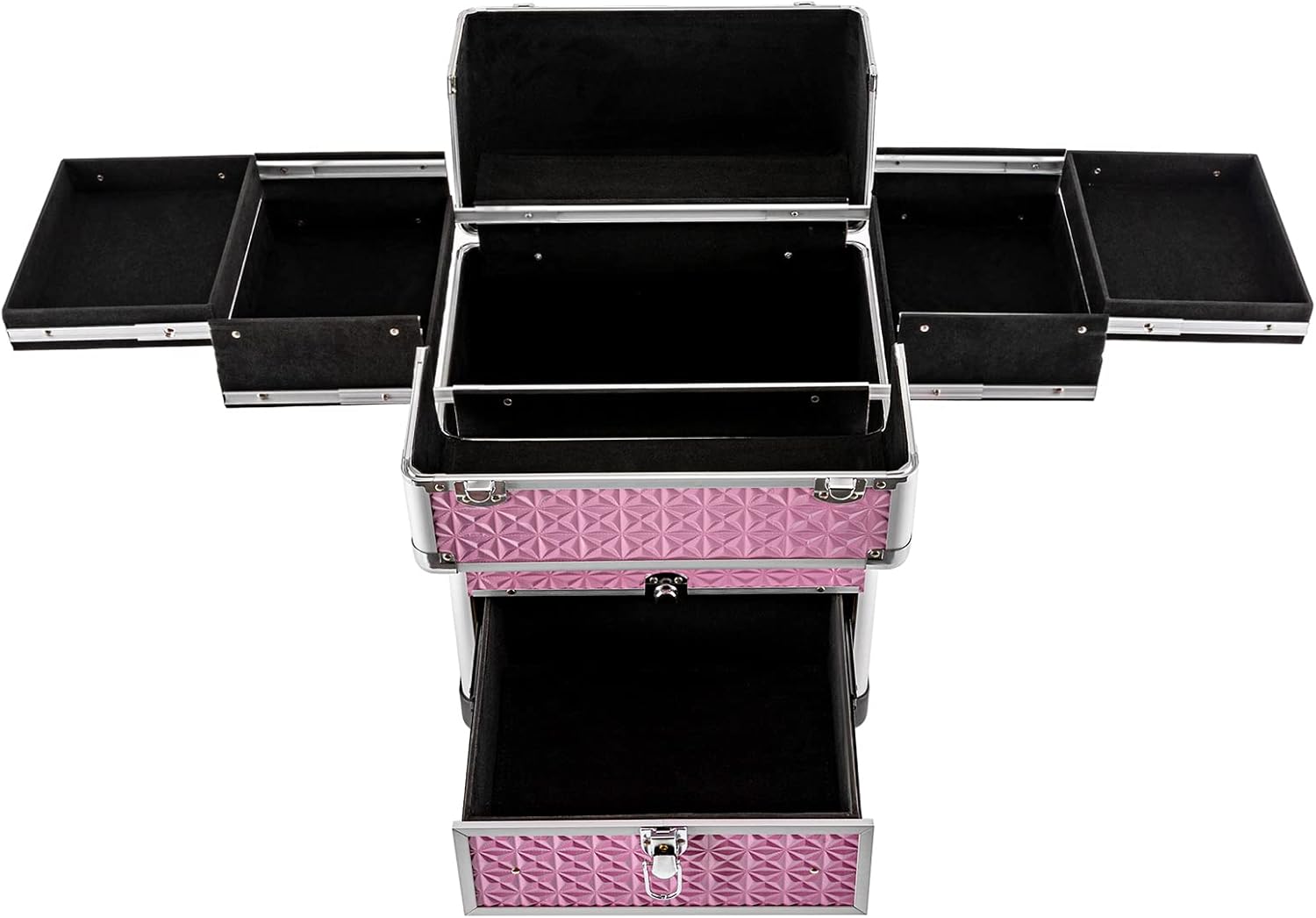 Rolling Makeup Case Cosmetic Travel Cart Storage with Wheels Barber Case Salon Lockable Travel Trolley Case for Nail Technicians Beauty Case with Compartments (Pink)