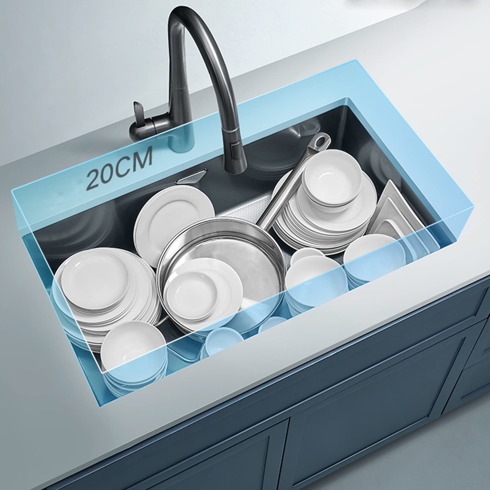 Zlewozmywaki kuchenne Jednokomorowy zlew kuchenny wpuszczany w blat lub pod blatem Zestaw zlewozmywakowy Farmhouse Workstation z wyciąganą wylewką i umywalką w umywalce,Black-75x43CM