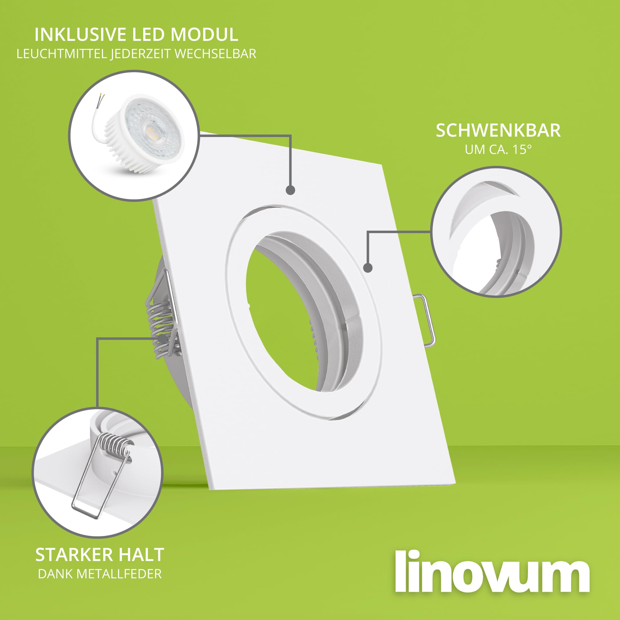 linovum 10er Set LED Deckeneinbaustrahler in weiß eckig schwenkbar - mit LED Modul 4W 230V warmweiß - extra flache Spot Einbaustrahler