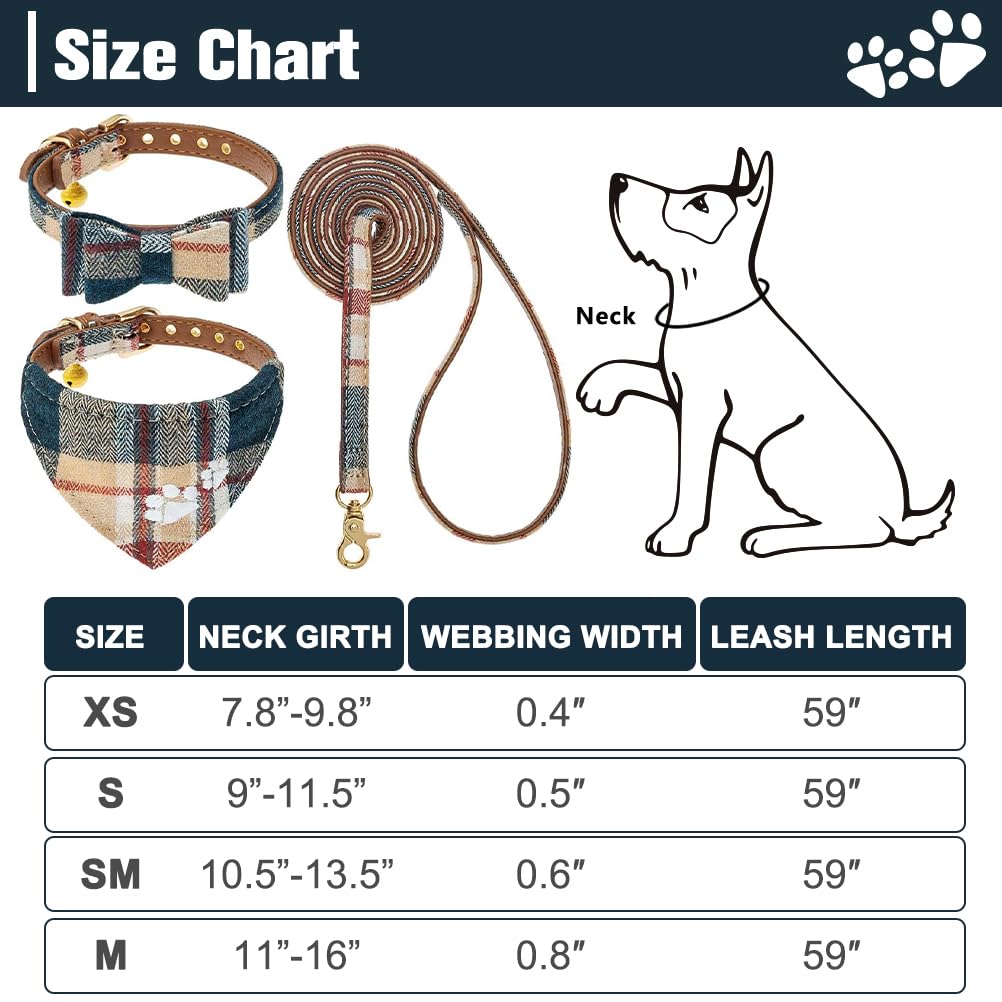 EXPAWLORER Dog Collar and Lead Set, Classic Plaid Bow Tie and Pawprint Bandana With Cute Bell, No Tangle Lead - Image 4