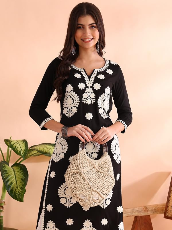 Image of Vaamsi Women's Viscose Rayon Solid Embroidered Straight Kurta | Chikankari Kurta for Women