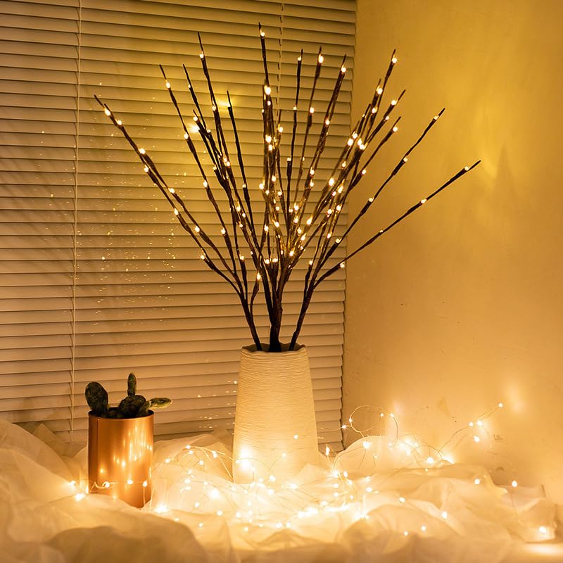EMINGSKY 3 Pack Twig Lights,Artificial Brown Branch Lights for Vase USB Plug in 29IN 60 Led Warm White Bulbs Tree Branches Lighted for Home Wedding