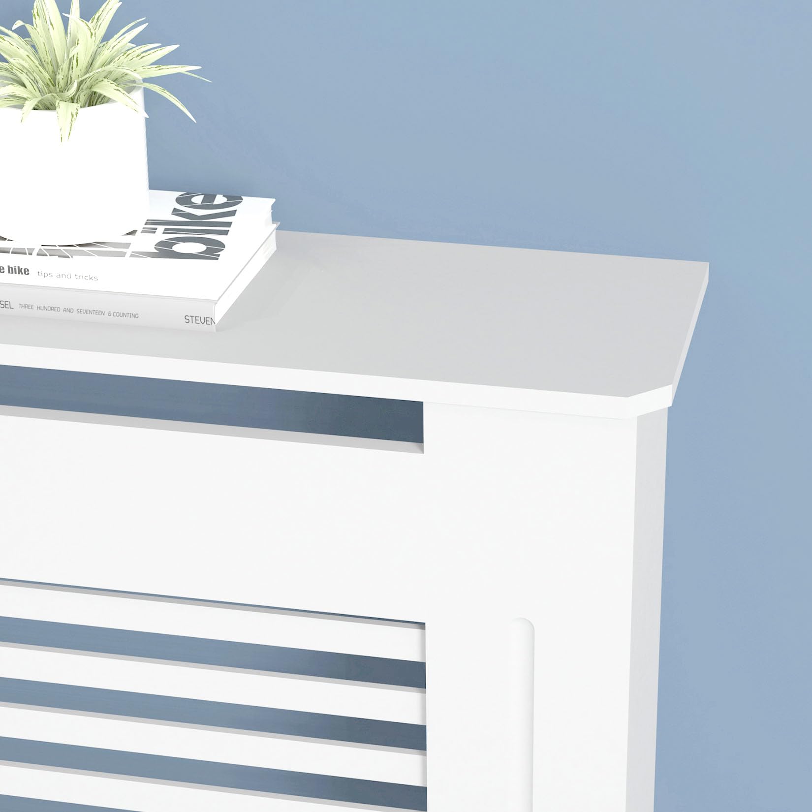 FATIVO Cubierta de Radiador Alta Blanca Moderna: 100 cm de Altura Interior Consola Cubreradiador de Madera Armario Cubre Radiador de MDF Estante para Calentador (Horizontal, 111x19x101 cm)