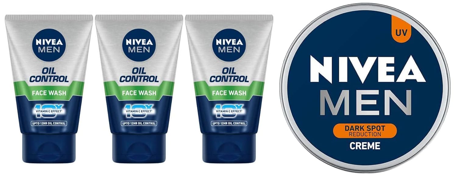 Nivea Oil Control Face Wash, 100ml (Pack of 3) & NIVEA Men Crème, Dark Spot Reduction, Non