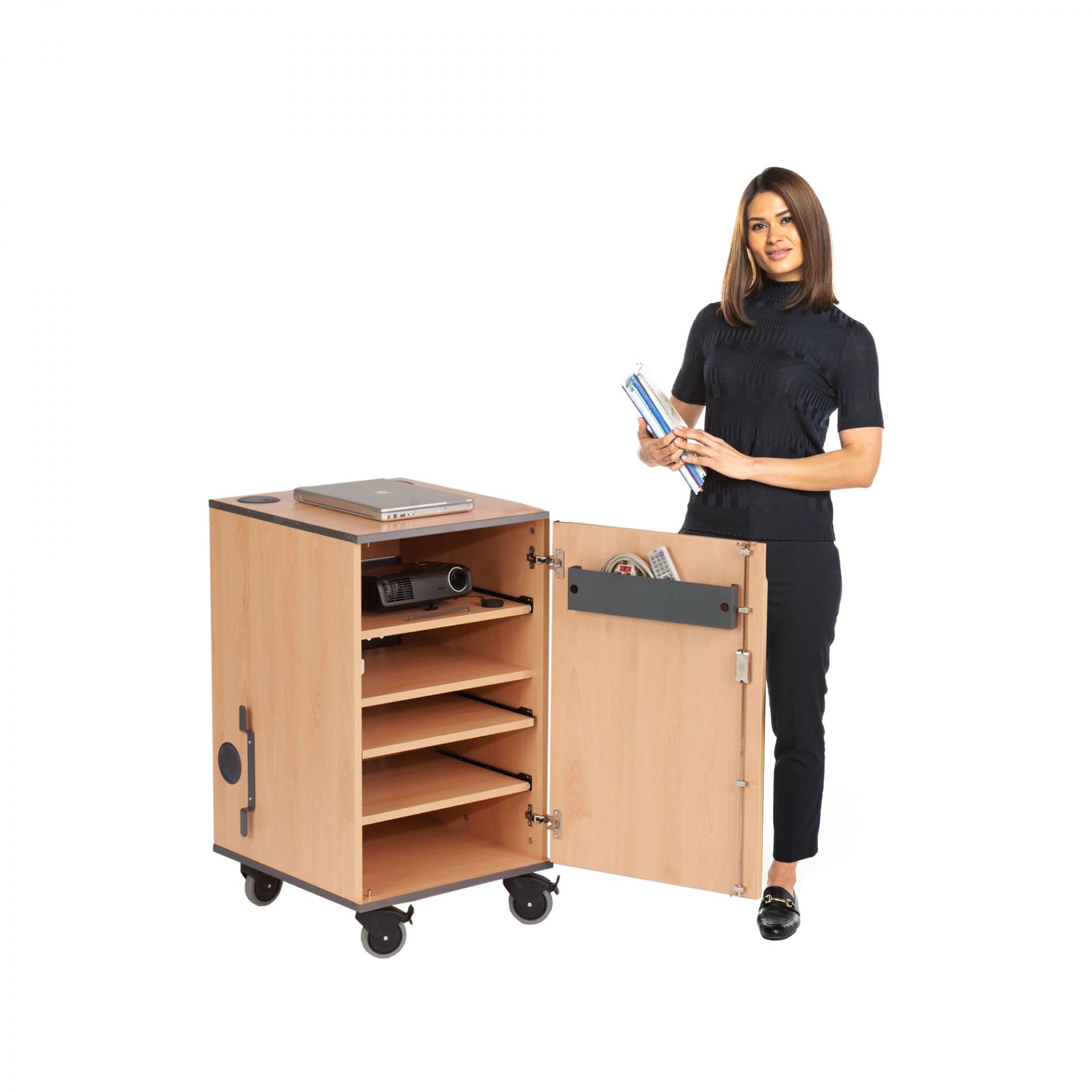 Wonderwall Multimedia AV Lockable Mobile Cabinet, Beech Storage Unit with 3 Slide-out Shelves | Ideal for Classroom, Office, Training Venues, Hospitality