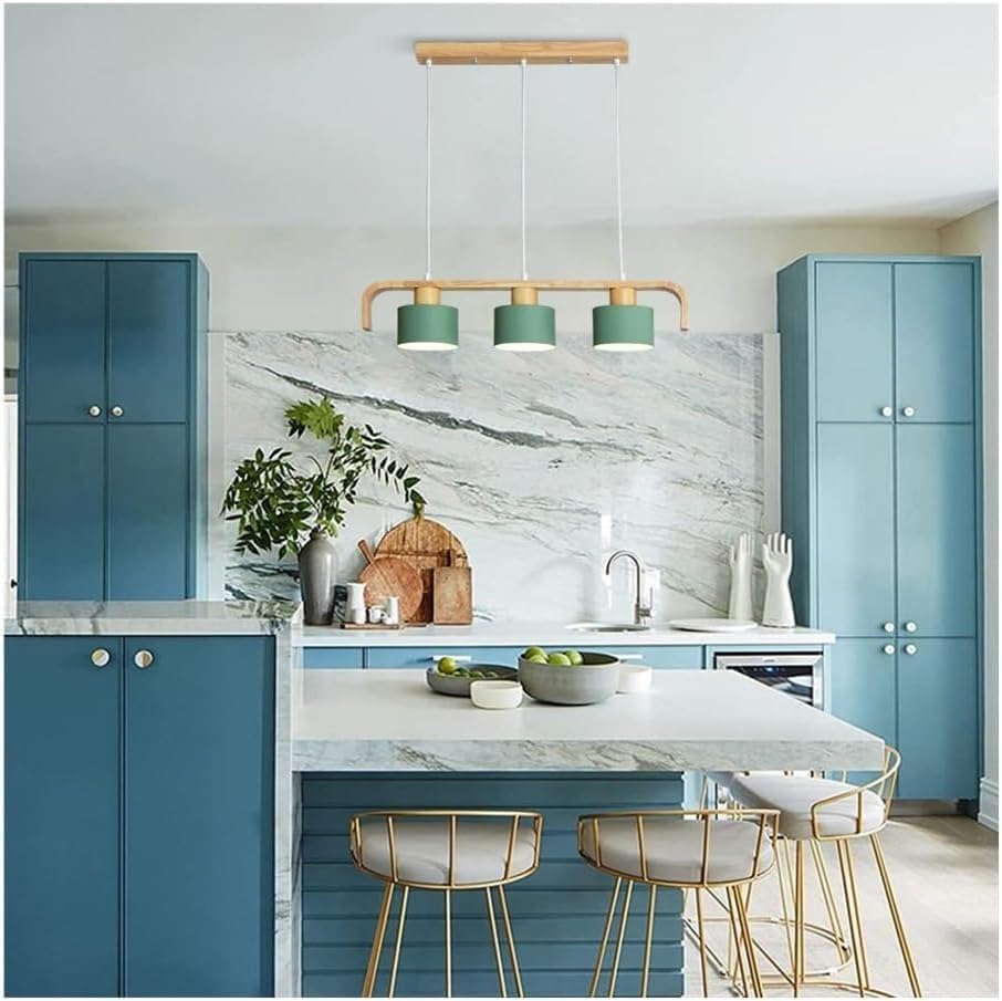 Nordic Wood Craft Pendent Lamp，E27 3-Color Dimming Modern Adjustable 3-Light Linear Pendant Light, for Kitchen Island, Dining Room, Cafe Lighting Fixture(Green)