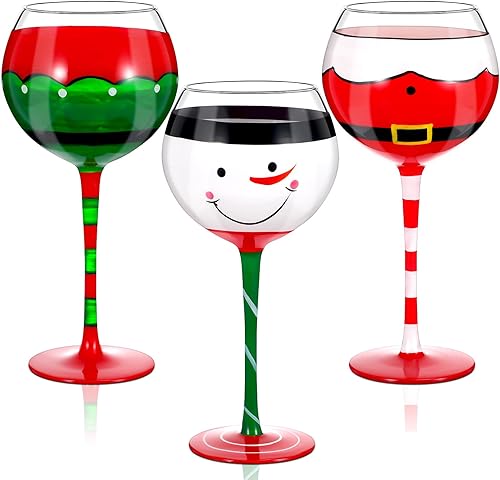 FoldTier Juego de 3 copas de vino de Navidad de 15.5 onzas, con cinturón de Papá Noel, muñeco de nieve, elfo, copas de vino con tallo para cenas,