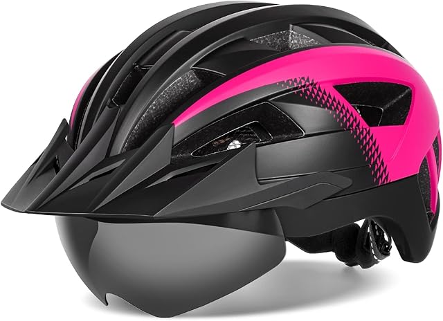 FUNWICT Bike Helmet with Visor for Men Women, Adult Cycle Helmet with Light and Magnetic Goggles Removable Sun Shade, Mens Womens Bicycle Cycling Helmet MTB Mountain Bike Helmet, Size 57-61 cm, Black