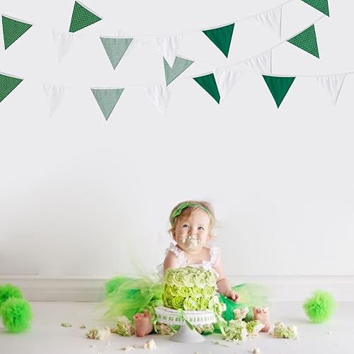 Miniatura 5 de Zwiebeco Banderines de tela de punto de rayas verdes y blancas de 32 pies, banderines triangulares, guirnalda de algodón para cumpleaños, boda, baby