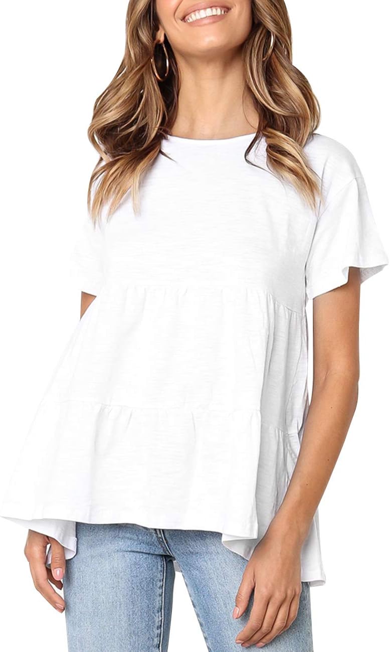 Women's Short Sleeve Flounce Blouse Loose Solid Ruffle High Low Hem Tunic Top Casual Round Neck T Shirt (White, S)
