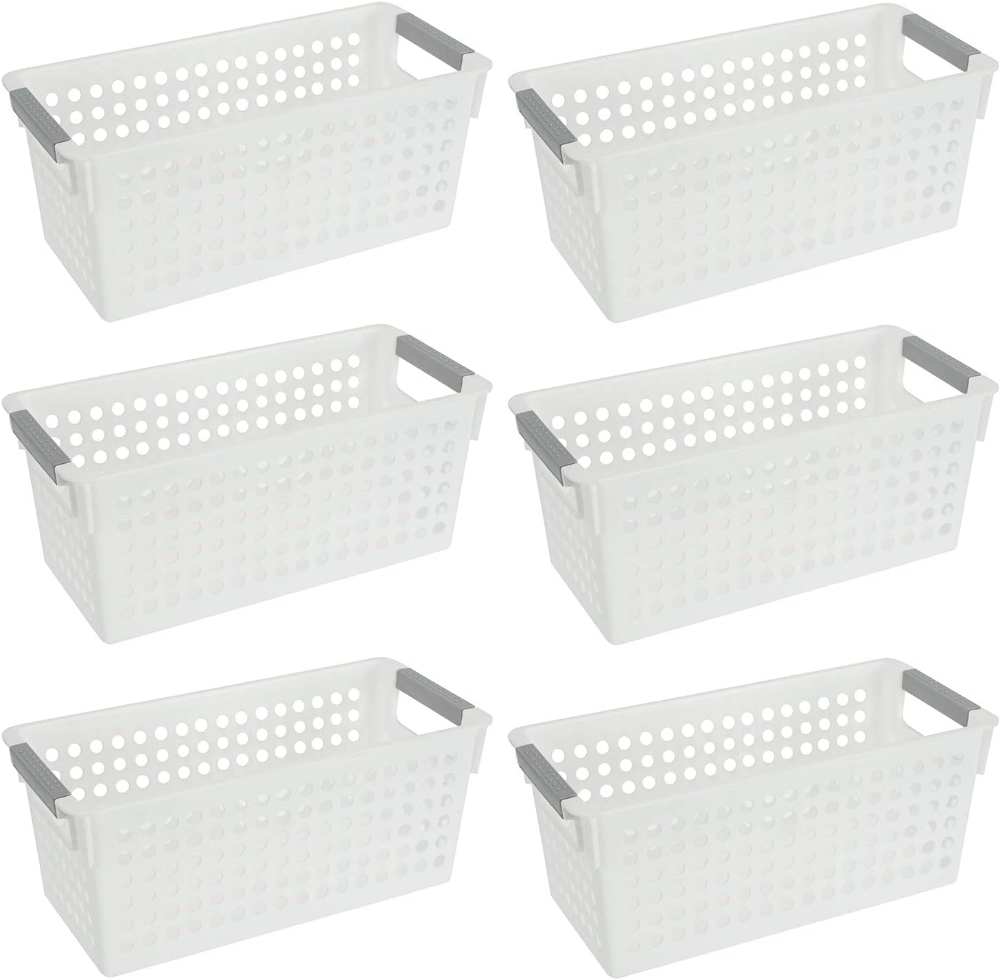 Bekith6 Pack Plastic Storage Basket, Slim White Organizer Tote Bin Shelf Baskets for Closet Organization, De-Clutter, Accessories, Toys, Cleaning Products