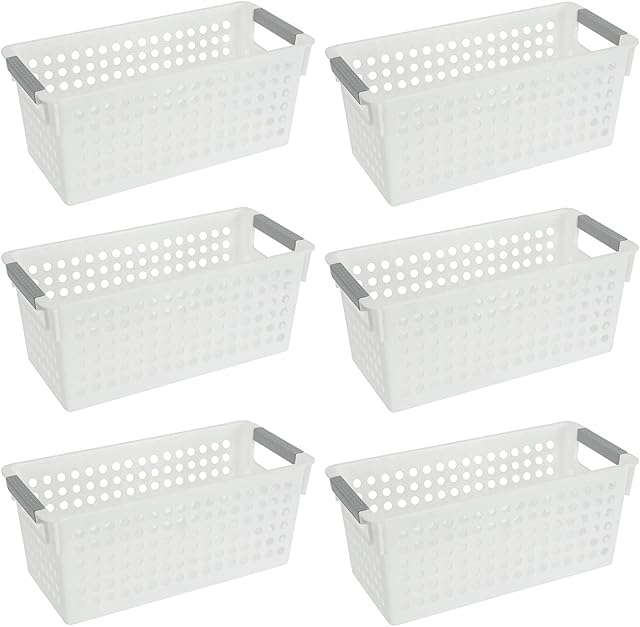 Bekith 6 Pack Plastic Storage Basket Slim White Organizer Tote Bin Shelf Baskets for Closet Organization Toys Cleaning Products, 29x14x12cm