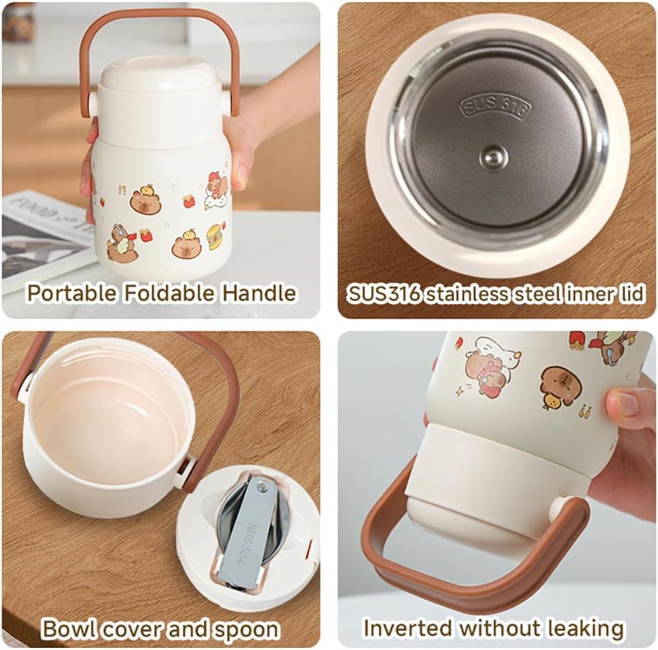 17 oz Capybara 500ml stainless steel double wall vacuum insulated water bottle for home, office or car, reusable, with spoon, leakproof, portable, keeps drinks hot or cold, 17 oz - Image 4